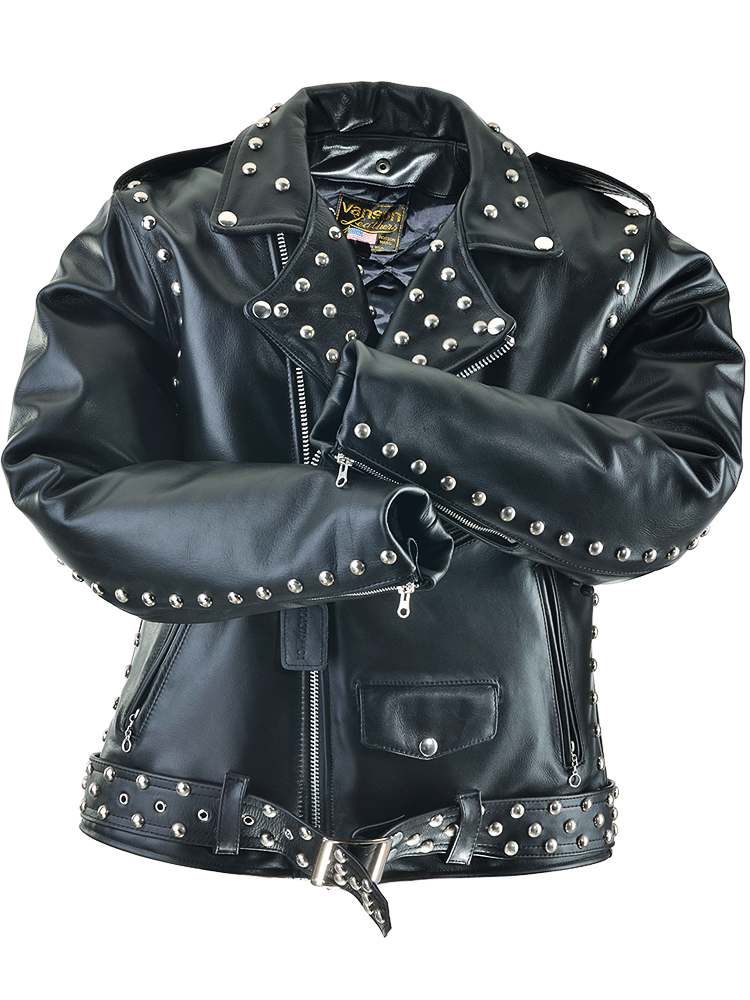 Model C with Studs Brando Style Biker Jacket with Snap up Belt Loops and Quilt Lining